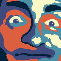 The central part of the man's face is drawn with colored spots, a flat vector, a grimace on his face