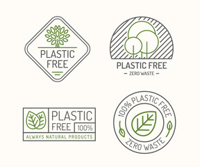 Plastic free vector sign set for farm fresh shop, eco label, control sticker, ecological and natural product market, vegan food store, organic product, bio store. 10 eps