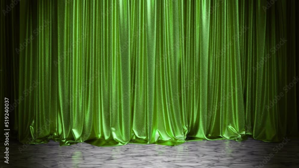 Poster realistic 3d animation of the green metallic textured show stage curtain and white marble flooring w