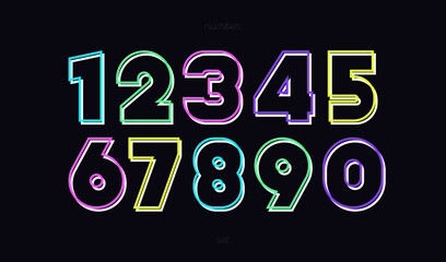Vector number set neon style modern typography for game, poster, birthday, decoration, animation, t shirt, racing, promotion, banner, printing. Cool font. 10 eps