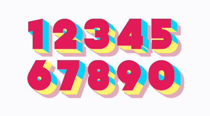 Vector number set 3d bold color style trendy typography for game, poster, birthday, decoration, animation, t shirt, racing, promotion, banner, printing. Cool font. 10 eps