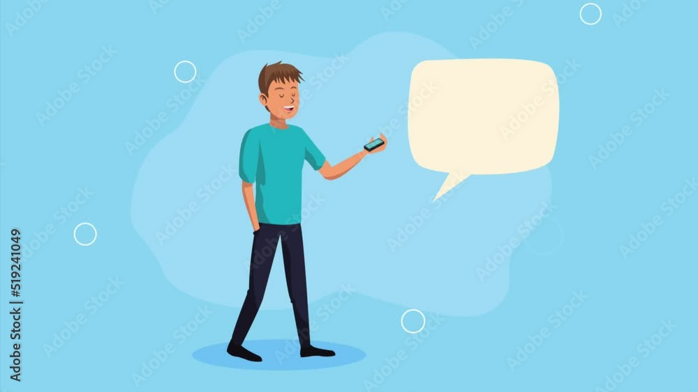 Poster man using smartphone walking character