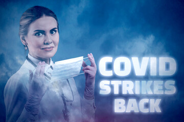 A new jump in the incidence of the Omicron strain. The inscription Covid Strikes Back and a woman...