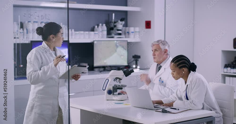 Aufkleber team of scientists in a medical research lab discussing a chemical formula for a vaccine. female res