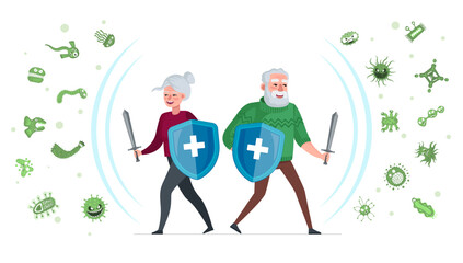 Elderly health care and epidemiology concept. Old man and senior woman with shields protect from viruses and germs. Pensioner prevention and protection infection. Strong immunity in age people. Vector