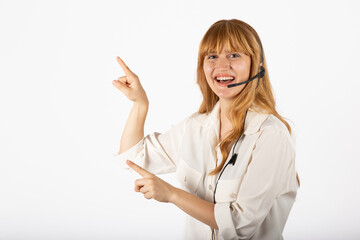 Happy customer care representative pointing concept.