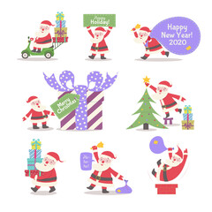 Santa Claus vector collection cartoon style with gifts, decoration christmas tree, driving on scooter for banner, tag, web site, calendar, holiday cover, flyer, brochure, poster, invitation. 10 eps
