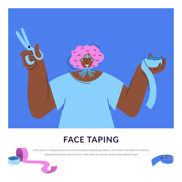 Esthetic taping. Curly woman with colorful tapes on face. Kinesiology therapy treatment. Face aesthetic taping. Lifting skin concept. Kinesio stripes. Aesthetic taping Beauty-Taping. Facial patches.