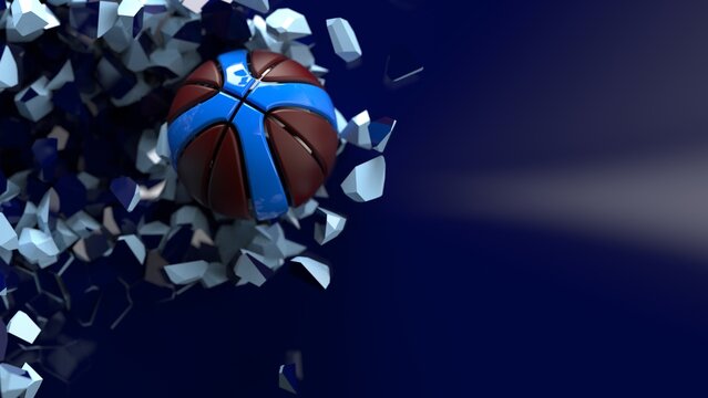 Blue-Dark Red Baseball breaking with great force through Blue wall under spot light background. 3D high quality rendering. 