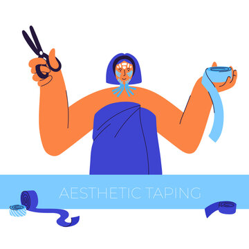 Girl with tapes on her face. Girl with scissors in hand. After bath. Face modeling and lifting skin concept. Aesthetic facial taping.  Anti-age alternative in cosmetology. Frownies. Facial patches