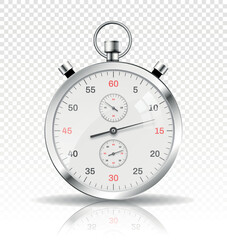 Silver watch on copy space. Timer or stopwatch on transparent background. Stylish accessory with modern design, device for counting time. For banner or website. Realistic 3D vector illustration