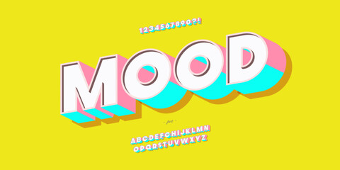 Vector mood font 3d bold colorful style trendy typography for kids banner, game, infographic, decoration, t shirt, party poster, printing, animation, promotion, logotype, motion graphics, video