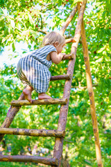 Naklejka na ściany i meble A brave child is not afraid of heights. Striving upward, growth and development. A little girl climbs a wooden ladder
