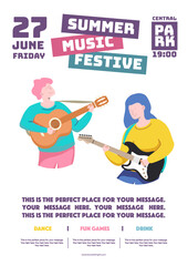 Summer music festive party poster flat cartoon style with musician character for electronic music fest, club party flyer, dance festival. Vector 10 eps