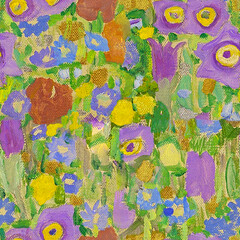Seamless oil floral oil painting artistic flower garden abstract background design from Gustav Klimt's The Kiss. Gorgeous colors and textures