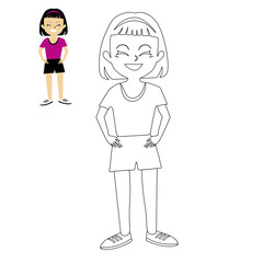 Cute girl standing smiling. Cheerful character in fitness, aerobics and yoga classes linear vector illustration. Coloring book for children.