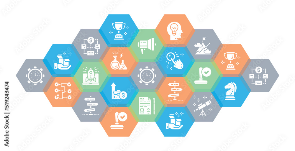 Poster start up icon set. time management, idea generation, presentation web header banner.