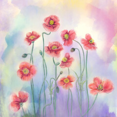 Digital Watercolor of Red Poppy Flowers