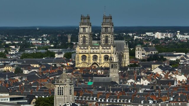 Summer day France. Aerial view Sainte-Croix Cathedral in Orleans, France, Europe, footage made in a sunny evening, on daylight, filmed in real time
