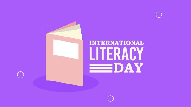 happy literacy day lettering and pink book