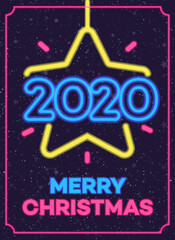 2020 christmas celebration greeting card neon style with holidays wis on snow holiday background for flyer, brochure, party, banner, greeting card, invitation, printing. Happy New Year. Vector 10 eps - obrazy, fototapety, plakaty