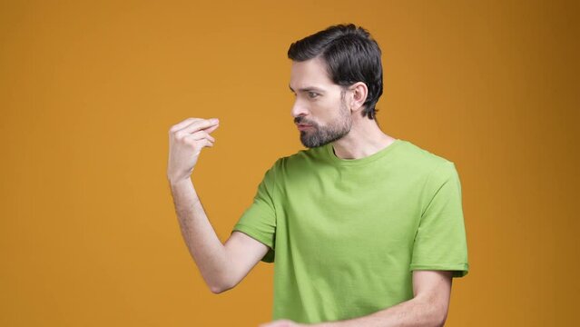 Guy have talk with alive hand fight isolated vivid color background