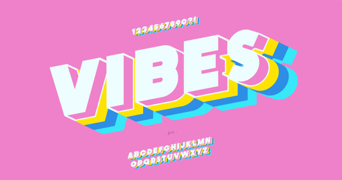 Vector vibes 3d bold font colorful style trendy typography for decoration, logo, party poster, t shirt, book, card, sale banner, printing on fabric, stamp. Cool alphabet. Modern typeface. 10 eps