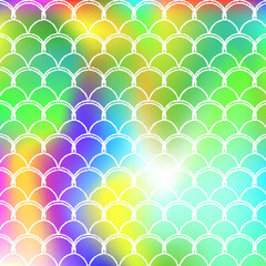 Holographic mermaid background with gradient scales.