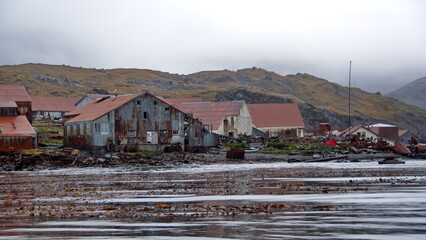 Derelict, rusted buildings along the shore at the old whaling station at Leith Harbor, South Georgia Island