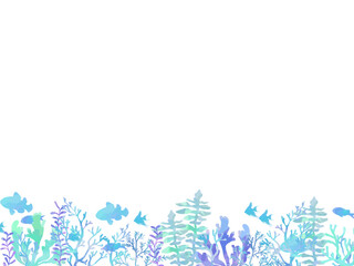 手描きの海のイラスト、海藻と熱帯魚、水彩風のフレーム © konohana