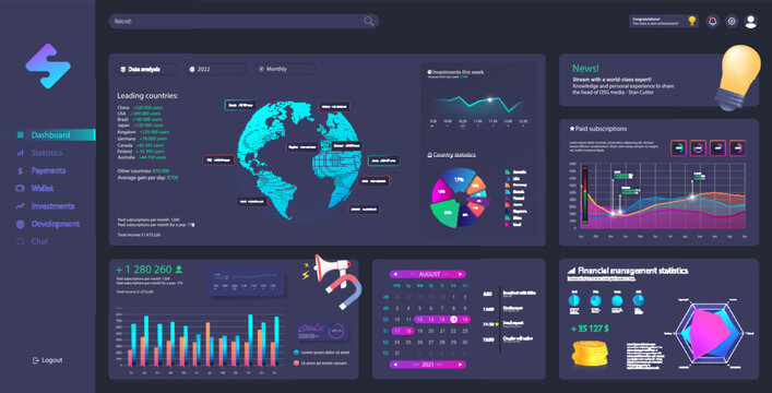 Beautiful Dashboard Mockup with UI, UX, KIT and illustrations. Graphic admin panel template.  Business infographic, data, statistic, graphic in modern flat dashboard. Mockup UI admin panel. Vector