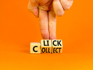 Click and collect symbol. Concept words Click and Collect on wooden cubes. Businessman hand. Beautiful orange table orange background. Click and collect and business concept. Copy space.