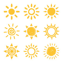 Hand drawing sun doddle illustrations set. Sunny, sunshine and sunbeam vector symbol.