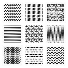 Hand drawn abstract lines pattern collection. Set of wavy strokes doodle texture illustration.