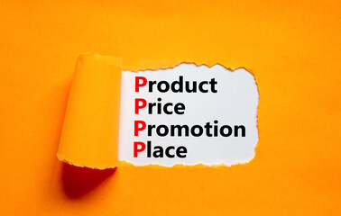 PPPP product price promotion place symbol. Concept words PPPP product price promotion place on white paper on beautiful orange background. Business and PPPP product price promotion place concept.