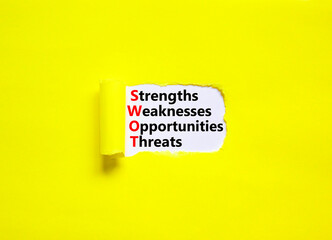SWOT strengths weaknesses opportunities symbol. Concept words SWOT strengths weaknesses opportunities on paper on beautiful yellow background. Business SWOT strengths weaknesses opportunities concept.