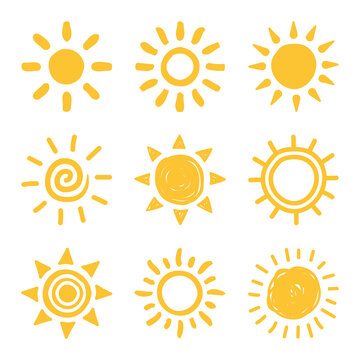 Hand drawing sun doddle illustrations set. Sunny, sunshine and sunbeam vector symbol.