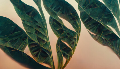 Plakat Green tropical leaves. Vegetable green background. Abstract monstera leaves. 3D illustration.