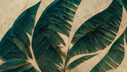 Naklejka na ściany i meble Green tropical leaves. Vegetable green background. Abstract monstera leaves. 3D illustration.