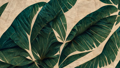 Green tropical leaves. Vegetable green background. Abstract monstera leaves. 3D illustration. - obrazy, fototapety, plakaty