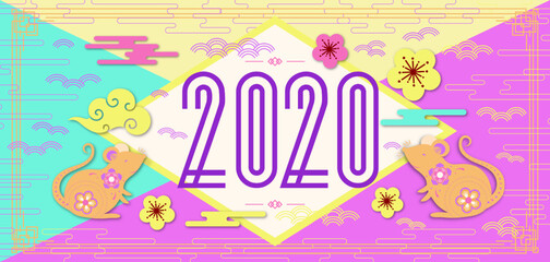2020 Happy New Year celebration banner concept with rat, clouds, flowers color style on colourful background for holiday banner, poster, flyer, decor. Paper Flat style design. Vector 10 eps