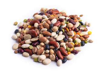 many dried multi-colored beans closeup, an assortment of various kidney beans and peas