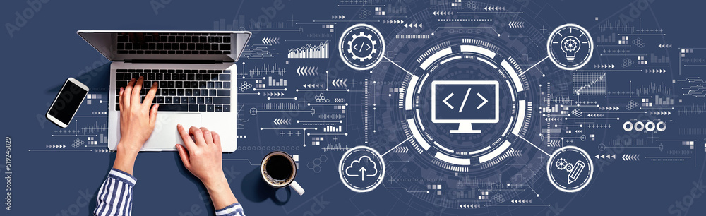 Aufkleber web development concept with person using a laptop computer