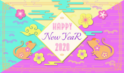 2020 Happy New Year celebration banner concept with rat silhouette, clouds, flowers gold style on colourful background for holiday banner, poster, flyer, decor. Paper Flat style design. Vector 10 eps