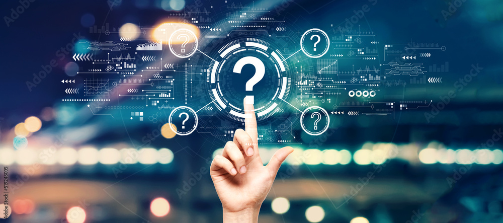 Aufkleber question marks with hand pressing a button on a technology screen