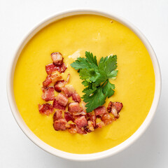 pumpkin soup with bacon, top view