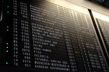 close-up of black scoreboard, schedule of aircraft flights on electronic scoreboard, travelling...