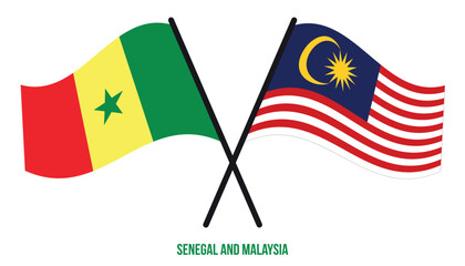 Senegal and Malaysia Flags Crossed And Waving Flat Style. Official Proportion. Correct Colors.