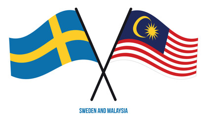 Sweden and Malaysia Flags Crossed And Waving Flat Style. Official Proportion. Correct Colors.