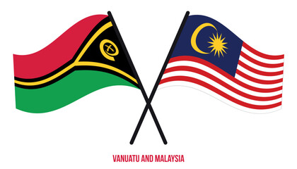 Vanuatu and Malaysia Flags Crossed And Waving Flat Style. Official Proportion. Correct Colors.